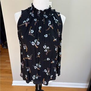 Rebecca Taylor | Floral Ruffle Neck Navy Top, Sz 8